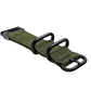 Army green nylon watch band with three-ring steel buckle and looped strap end