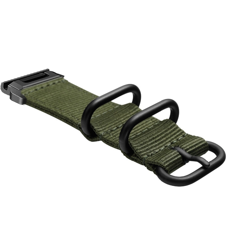 Army green nylon watch band with three-ring steel buckle and looped strap end