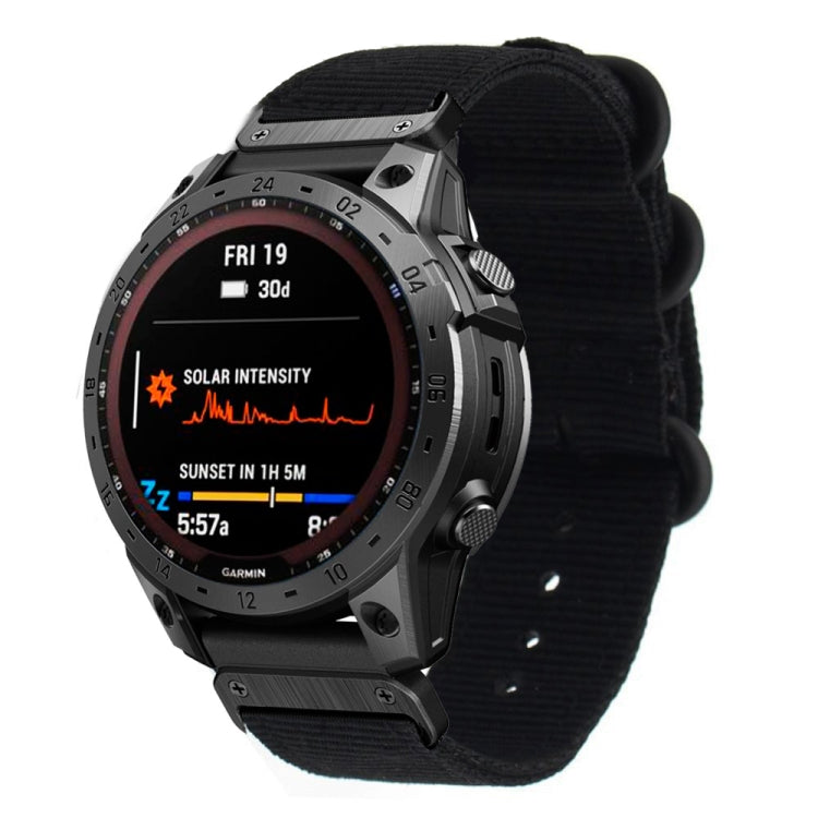 Black woven nylon watch band with three-ring steel buckle for secure fit