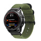 Army green woven nylon watch band with three-ring steel buckle and strap holes