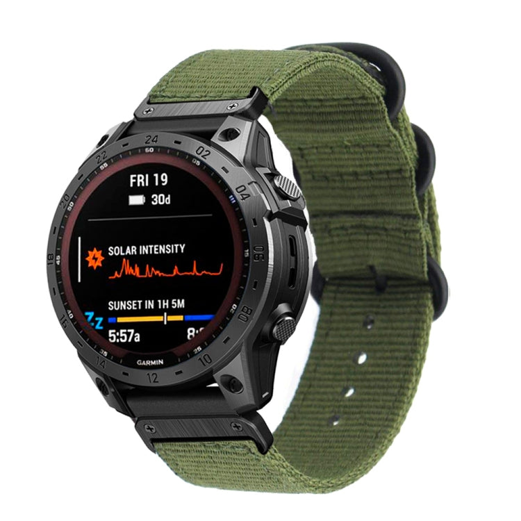 Army green woven nylon watch band with three-ring steel buckle and strap holes