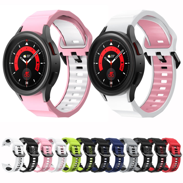 Assorted two-tone silicone watch bands in pink, white, green, black, red, and blue.
