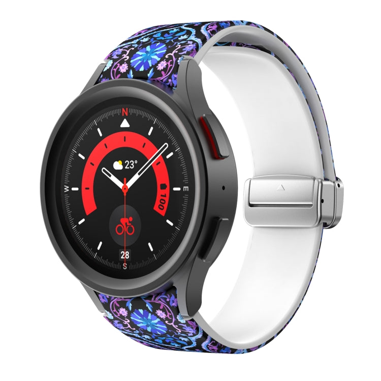 Printed silicone watch band with purple floral pattern and magnetic clasp, for smartwatch use