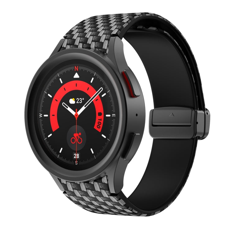 Printed silicone watch band with black and gray woven texture and magnetic clasp, smartwatch