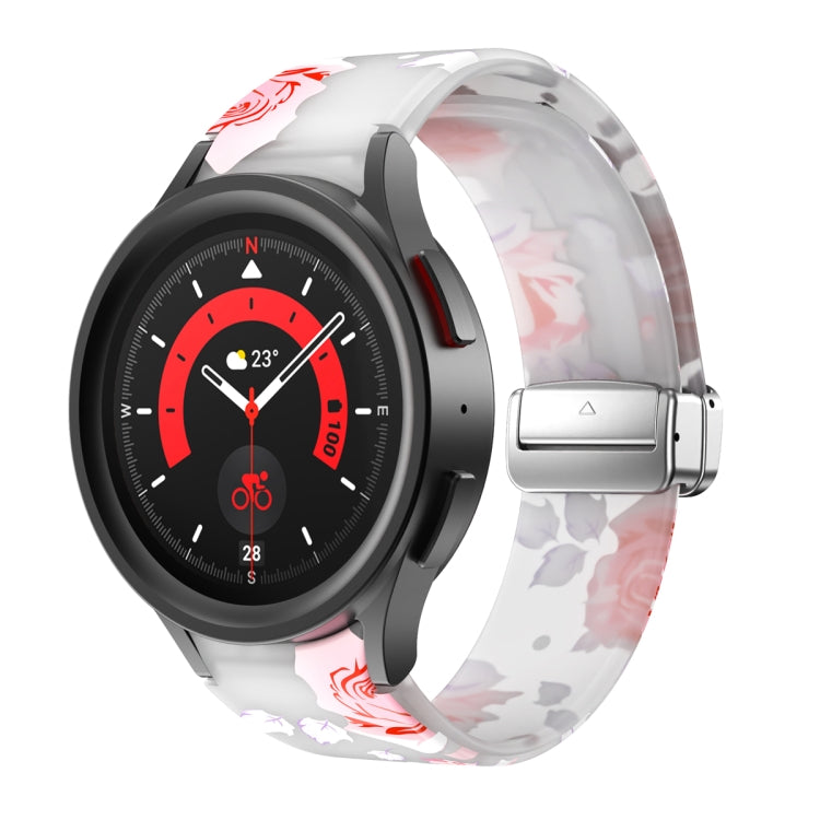 Transparent silicone watch band with pink floral pattern and magnetic clasp, smartwatch accessory