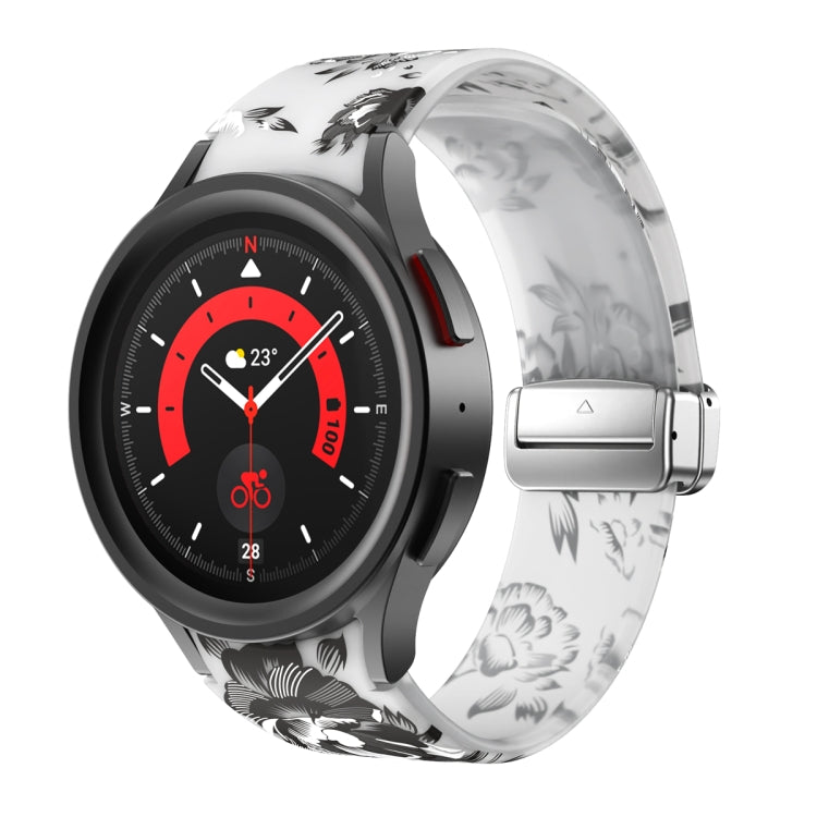 Transparent silicone watch band with black floral pattern and magnetic clasp, smartwatch