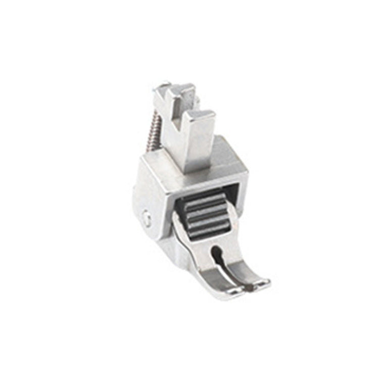 Adjustable sewing machine roller presser foot in silver metal with black textured roller