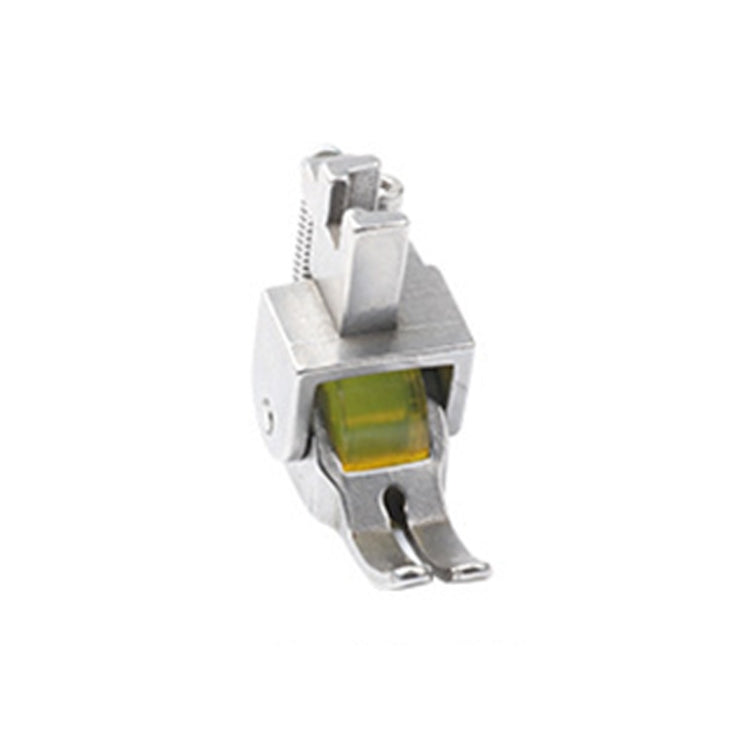 Sewing machine presser foot accessory with translucent yellow-green wheel in silver frame