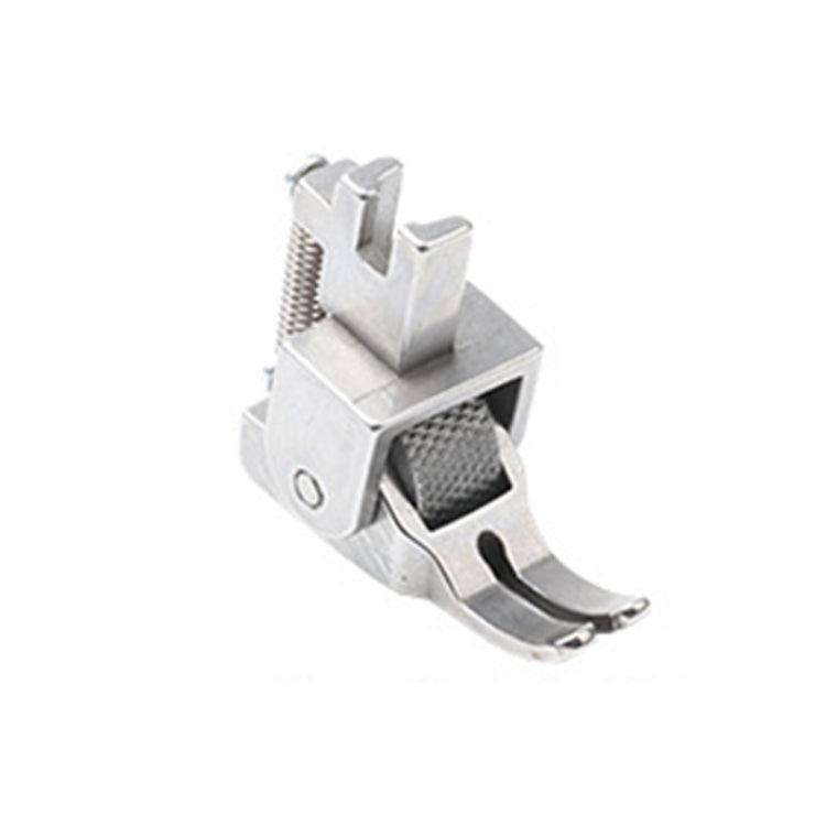 Silver adjustable sewing machine presser foot with dark textured roller and curved foot