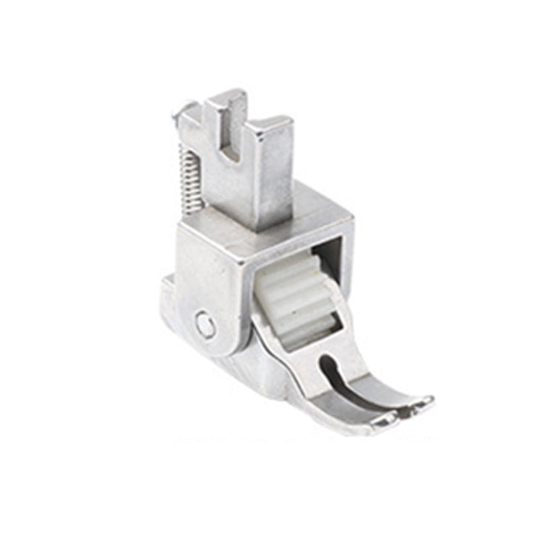 Sewing machine roller presser foot with white gear-like roller and silver metal body
