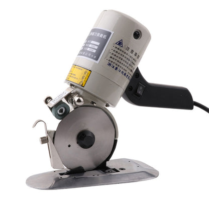 Electric fabric cutter with 90mm round blade, metal base and black side handle
