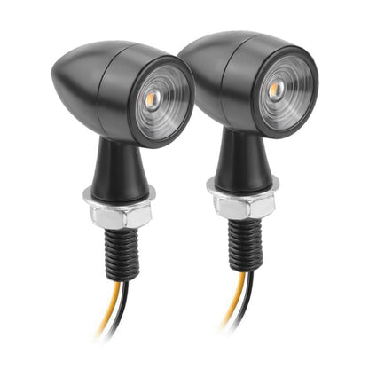 Pair of black metal mini LED motorcycle turn signals with amber lenses and wired mounts