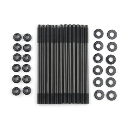 Cylinder head stud kit with black threaded studs and metal washers, assorted pieces