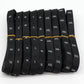 Roll of black polyester clothing size labels, printed XS to 5XL