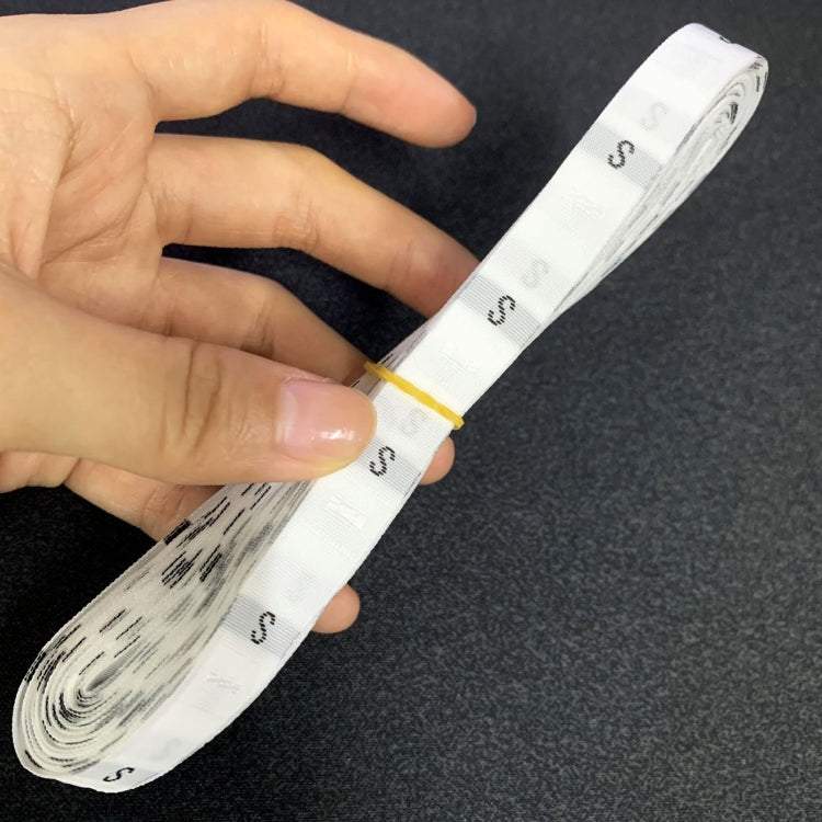 Polyester clothing size label tape, white, with printed size letters (S)
