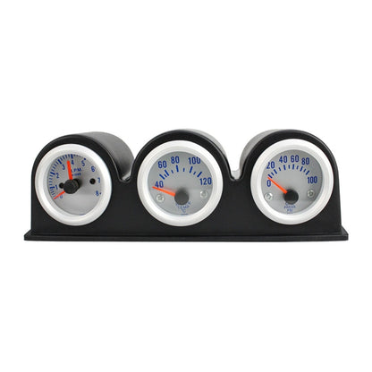 3-in-1 car gauge set with three 52mm dials on black bracket, tachometer, temp, oil