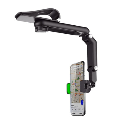 Car phone holder with clamp mount and adjustable arm, holding a smartphone screen.