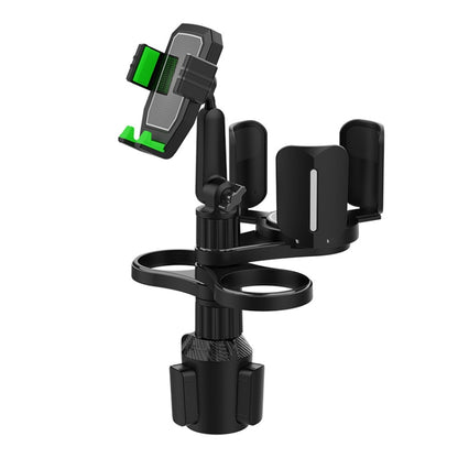 Car drink cup phone holder with green-accent phone clamp and cup base, black