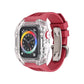 Clear watch case with wine red rubber strap for a square smartwatch face