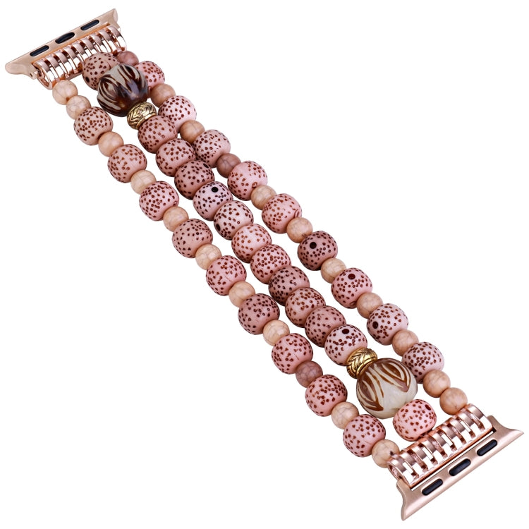 Rose-gold clasp beaded watch band with pink speckled beads and wooden spacers