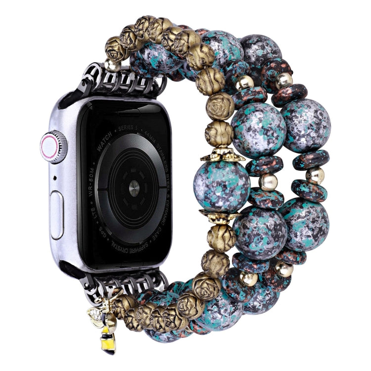 Bead watch band with blue speckled beads and rose-gold textured links for Apple Watch