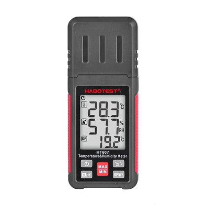 Handheld temperature and humidity meter with backlit LCD screen and side grip