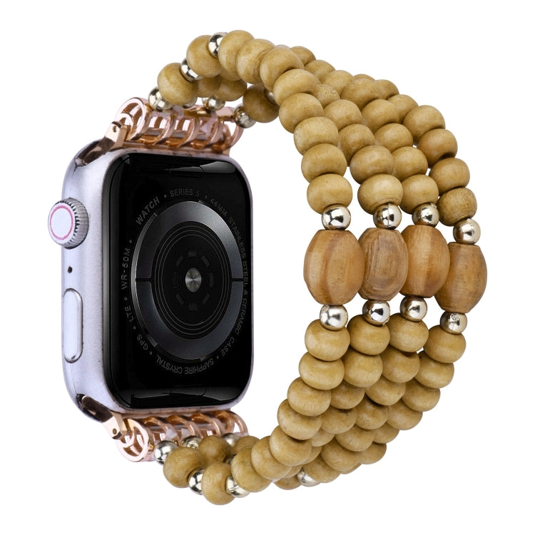 Wood bead watch band with silver accents, tan 4-row beads and oval center links.