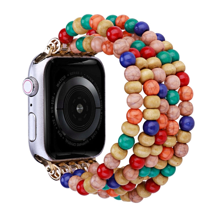 Wood bead watch band with colorful beads in red, blue, green, and tan, multiro w design.