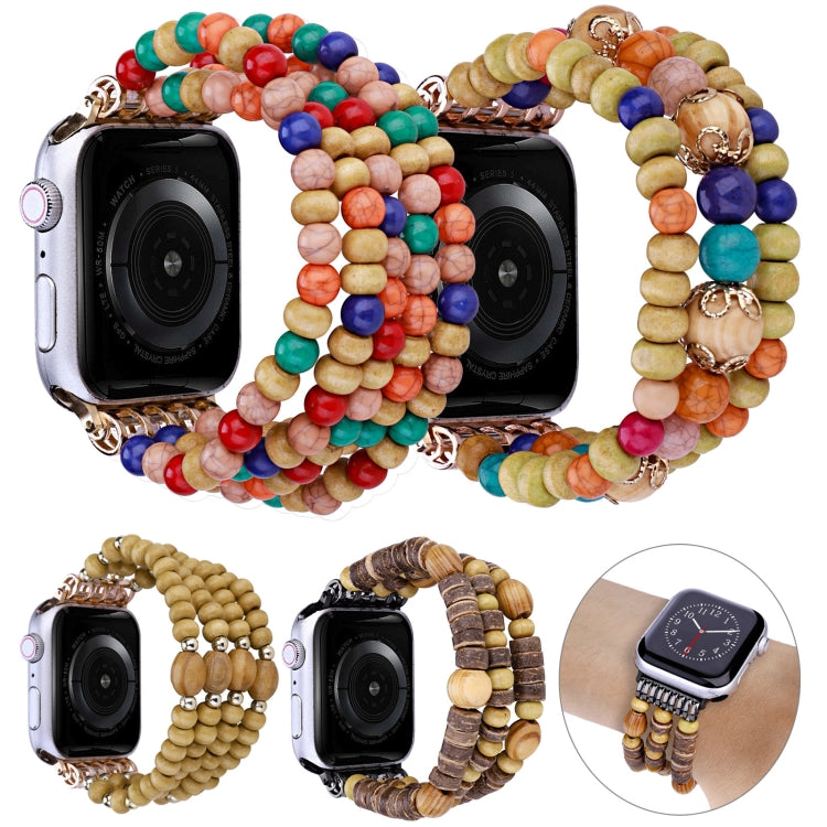 Multicolor wood beaded watch band for Apple Watch with clasp, looped around watch face