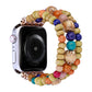 Wood bead watch band with colorful beads and gold-tone charms, multicolor stacked rows.