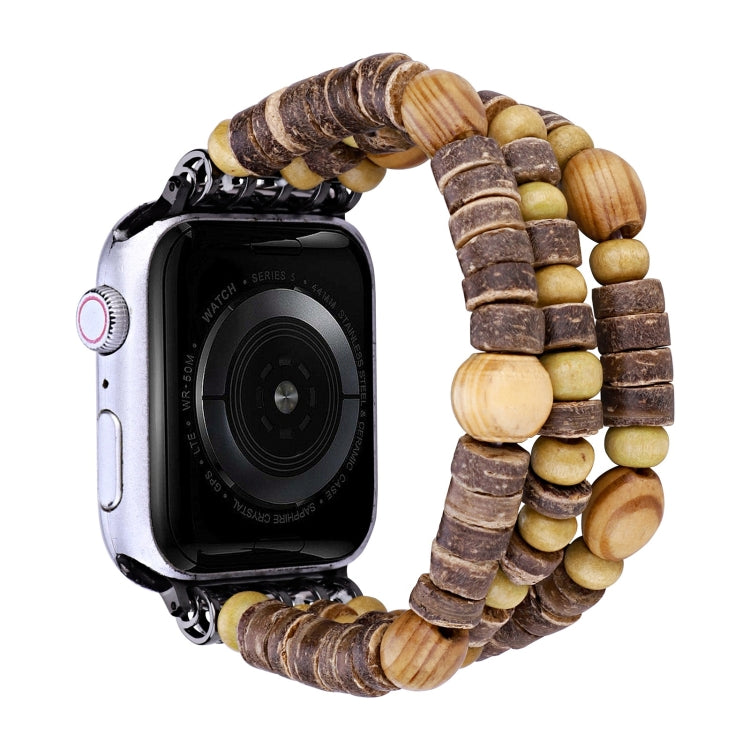 Wood bead watch band with dark brown and tan beads, woven braided band style.