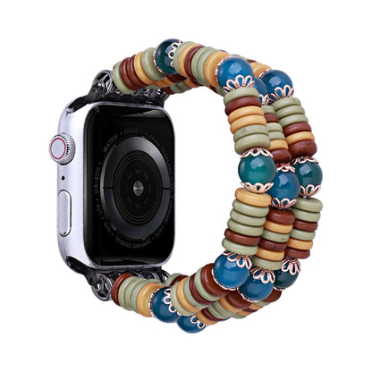 Beaded Apple Watch band with blue and tan bead strands and decorative clasp