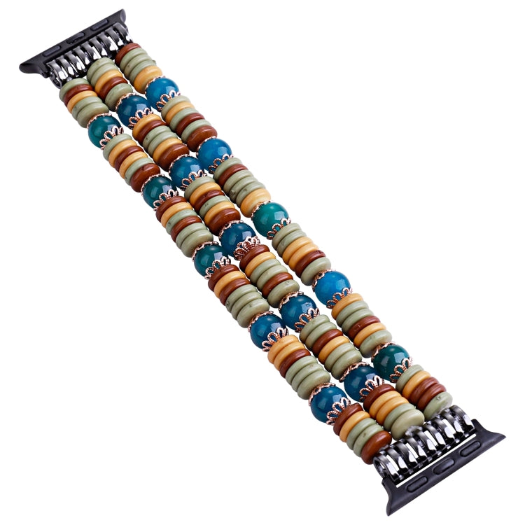 Beaded Apple Watch band laid flat with blue, tan, and brown bead pattern