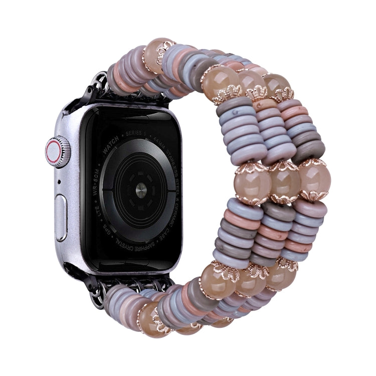 Beaded Apple Watch band with light tan and pink bead strands and decorative clasp