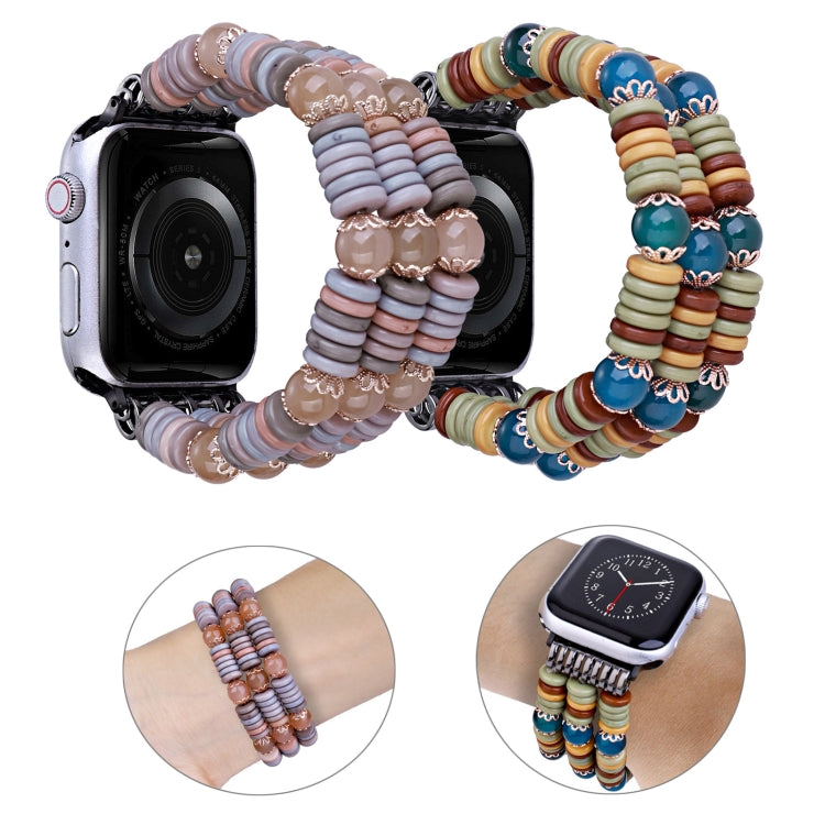 Beaded Apple Watch bands showing blue and tan styles with close-up wrist views
