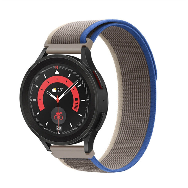 Nylon loop watch band with beige woven strap and blue accent edge for Garmin watch