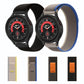 Nylon loop watch band color options shown with black and blue straps plus swatches