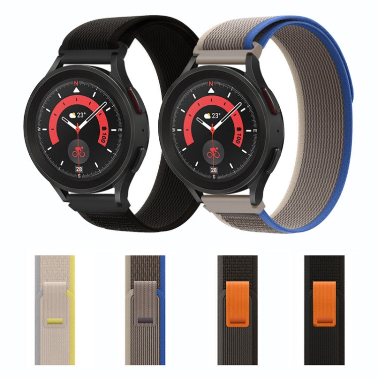 Nylon loop watch band color options shown with black and blue straps plus swatches