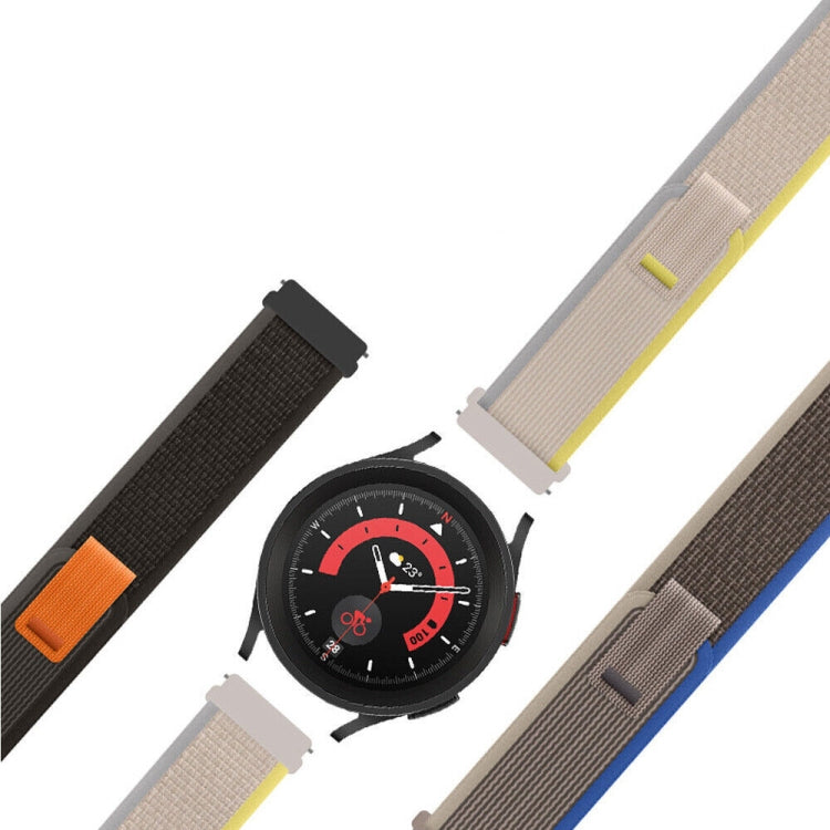 Nylon loop watch band worn on round watch, textured weave with rectangular buckle