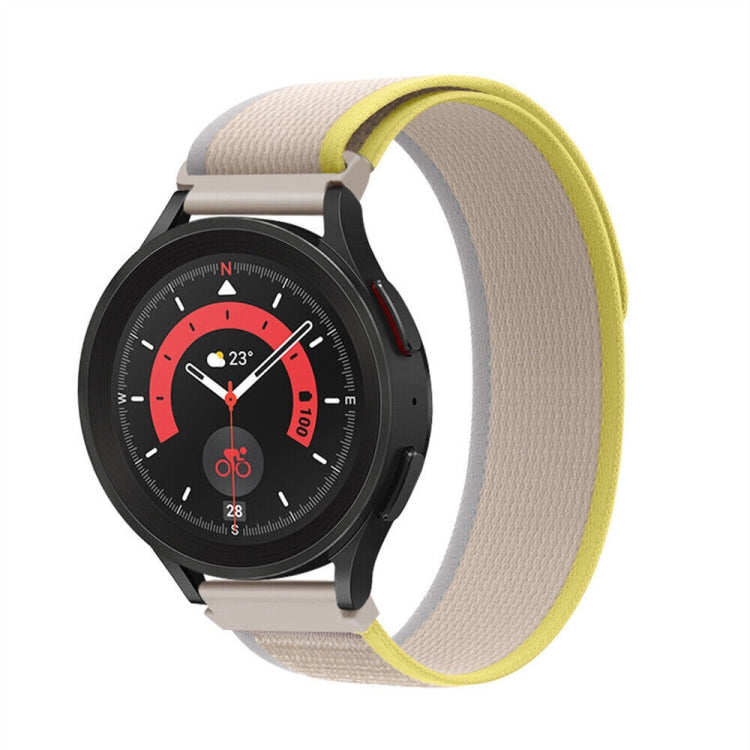 Nylon loop watch band with beige woven strap and yellow accent edge for Garmin watch