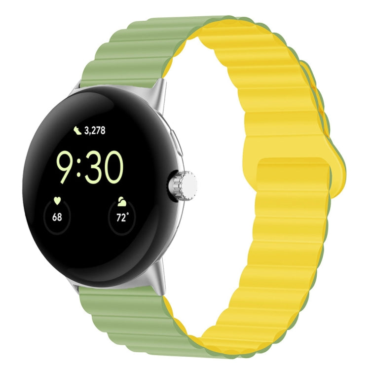 Green and yellow ribbed silicone watch band with reverse magnetic buckle, 41mm