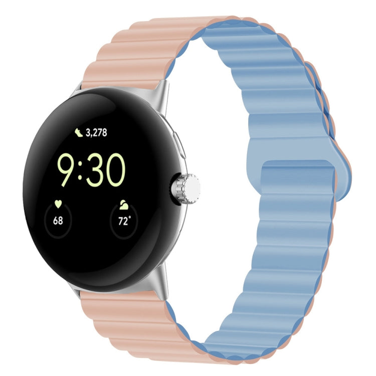 Light blue and beige ribbed silicone watch band with reverse magnetic buckle, 41mm
