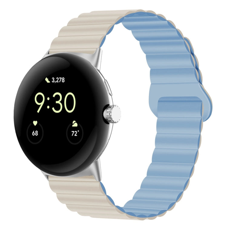 Beige and light blue ribbed silicone watch band with reverse magnetic buckle, 41mm