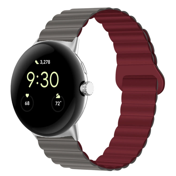 Grey and burgundy ribbed silicone watch band with reverse magnetic buckle, 41mm