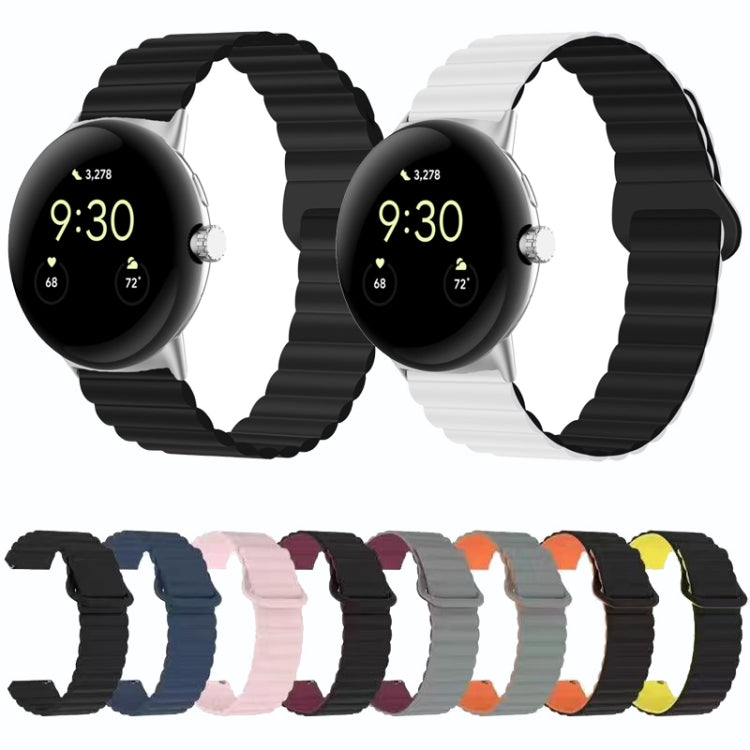 Silicone magnetic watch band in black and white, with ribbed strap links