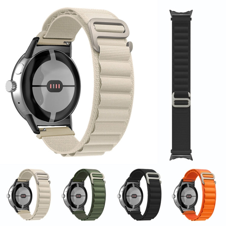 Nylon loop watch bands in starlight, green, black, and orange with connectors