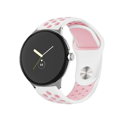 Two-color reverse buckle silicone watch band, white and pink with paw-print accents