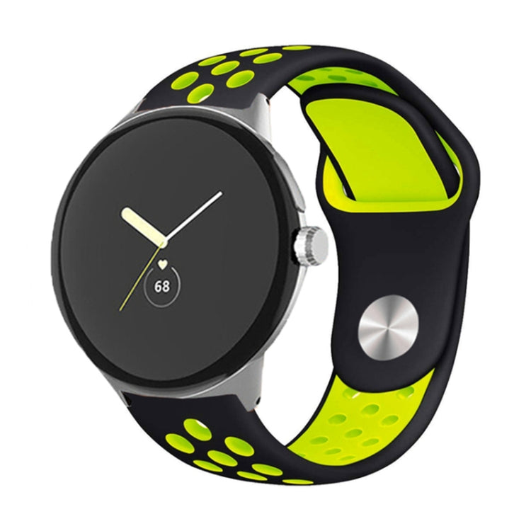 Two-color reverse buckle silicone watch band, black and lime green with paw-print details