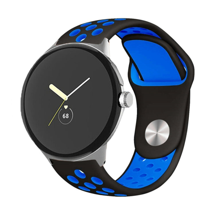 Two-color reverse buckle silicone watch band, black and blue with paw-print accents