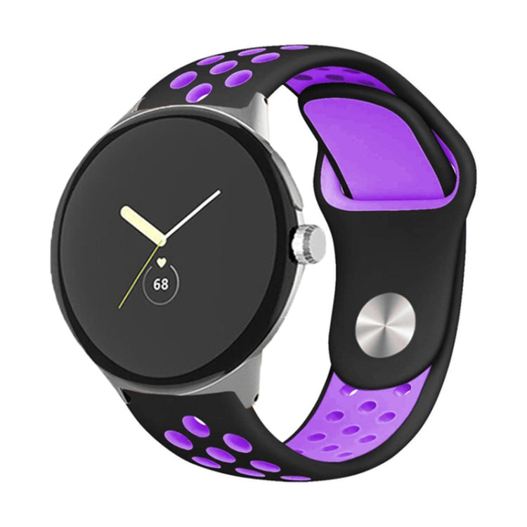 Two-color silicone watch band with reverse buckle, black and purple with paw print dots